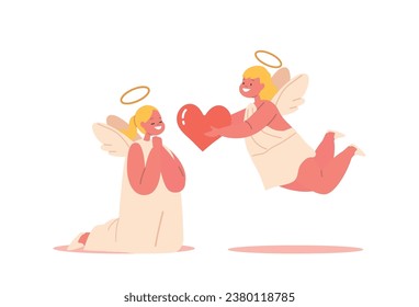 Sweet Angelic Boy With A Heart Full Of Love Offers A Bright Red Heart To His Angelic Companion, Vector Illustration