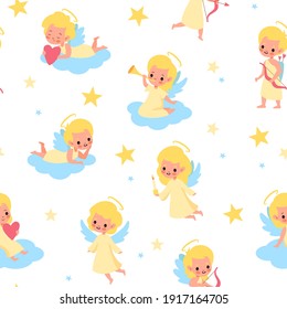 Sweet angels seamless pattern. Babies with wings pastel colors, children on clouds, little blond angelic boys and girls, long clothes. Decor textile, wrapping paper wallpaper vector print or fabric