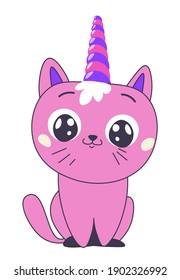 Sweet animal character with horn, kitty with unicorn horn on head. Balloon or pillow, cake or toy for kids. Cartoon mascot with cute muzzle and smile on face. Isolated icon, vector in flat style