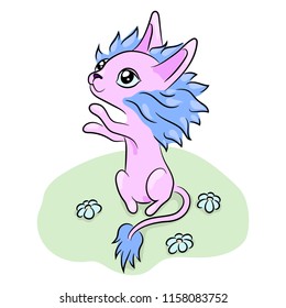 A sweet animal sits on a lawn and beseech for something