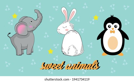 sweet animals on turquoise background