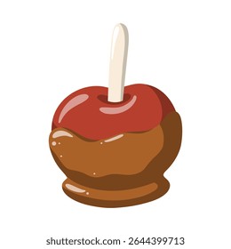 Maçã doce em caramelo sobre vara. Outono e Halloween tratam. Ilustração de vetor de desenhos animados sobre fundo branco. 