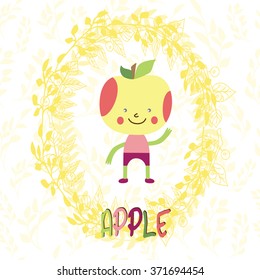 Sweet apple in funny cartoon style. Healthy concept card in vector. Stunning tasty background in bright colors