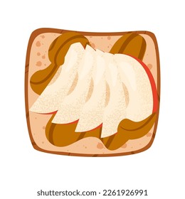 Sweet apple and peanut butter toast. Open sandwich with slice fruit and oily topping on grilled square bread. Breakfast healthy protein food. Flat vector illustration isolated on white background