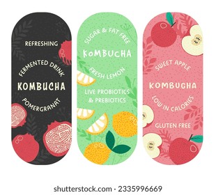 manzana dulce, azúcar refrescante y kombucha libre de grasa baja en calorías. Emblemas aislados y etiquetas para el diseño de productos, pegatinas de paquetes con información sobre bebidas, bebidas de verano. Vector en plano 