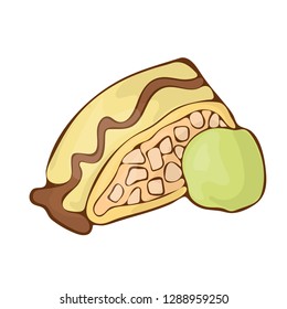 Sweet apple strudel with pistachio ice cream dessert vector icon cartoon handdrawnn illustration.