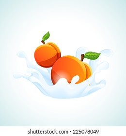 Sweet apricot fruits falling in white milk or cream splash yoghurt concept vector illustration