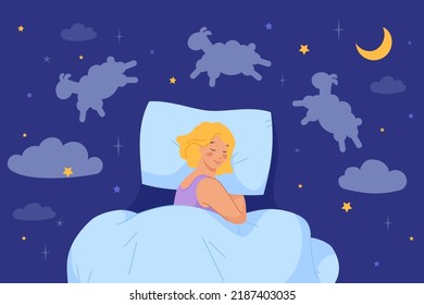 Sweet asleep woman. Sleeping girl in pajamas under blanket on bedroom bed, night healthy peaceful dream lamb stars, deep sleep bedtime concept dark background vector illustration of girl asleep sweet