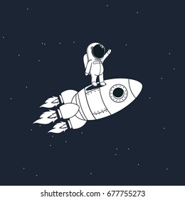 Sweet astronaut stays on rocket and flying through space .Childish vector illustration