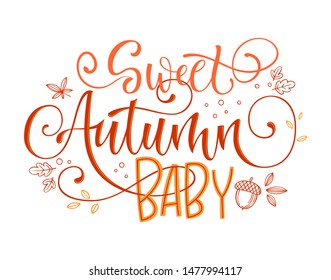 Sweet Autumn Baby quote. Hand drawn modern calligraphy. Baby Shower lettering banner design phrase. Script letter style. Colorful design element. Fashion design. Graphic element. 