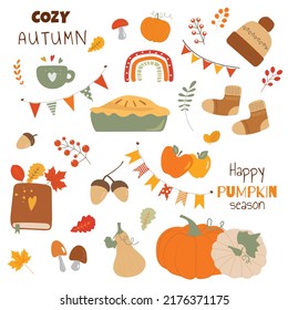 Sweet autumn cozy vector paintings with cup, pumpkin, pie and book. Fall time cartoon paintings with hat, socks and rainbow