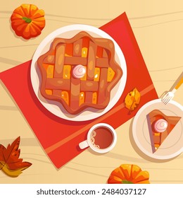 Süße Herbstdessert mit hausgemachter gebackener Kürbiskuchen mit Gabel, Kakaobecher, roter Tischdecke auf Holztisch. Thanksgiving. Cartoon Vektorgrafik Top View auf Tart.