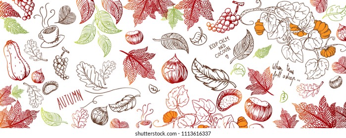 Sweet autumn doodles full vector large banner