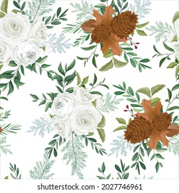 Sweet autumn floral seamless pattern design with rose and pine flower