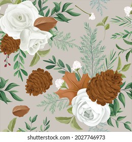 Sweet autumn floral seamless pattern design with rose and pine flower