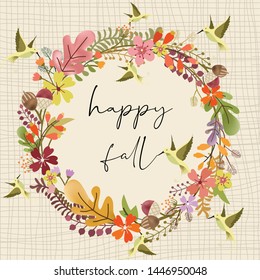 Sweet autumn floral wreath and bird with brown net background,illustration vector doodle comic art.