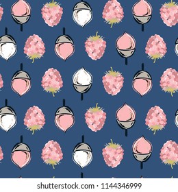 Sweet Autumn seamless pattern vector ,pine cone ,nuts and berries regular repeat on hand drawn style for fashion ,fabric,and all prints on blue background