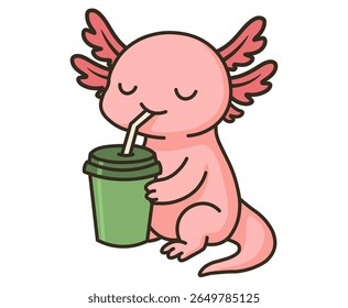 Sweet axolotl sipping from a green cup, enjoying a drink. A kawaii-style illustration that captures a relaxed, carefree vibe. Great for stress relief and joyful designs.
