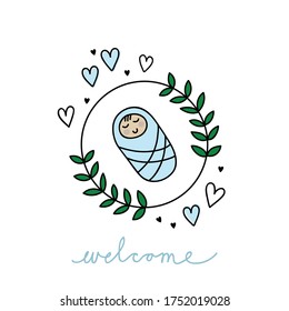 sweet baby arrival announcement card floral wreath and little hearts  vector centerpiece illustration with blue welcome sign