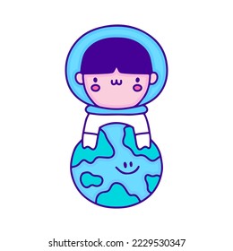 Sweet baby astronaut with earth planet doodle art, illustration for t-shirt, sticker, or apparel merchandise. With modern pop and kawaii style.
