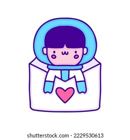 Sweet baby astronaut inside love letter doodle art, illustration for t-shirt, sticker, or apparel merchandise. With modern pop and kawaii style.