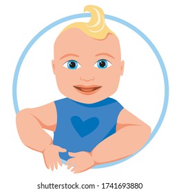 A sweet baby with blond hair and blue eyes smiles as a logo or emblem. Stock vector cartoon illustration with cute newborn or one year old boy for print in greeting