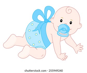 Sweet baby boy crawling, isolated on white background