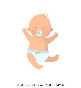 Sweet Baby Boy In Diaper With Pacifier Cartoon Vector Illustration