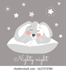 sweet baby Bunny sleeps on a large pillow. Vector illustration in grey.