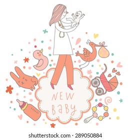 Sweet baby card in pink colors with baby, doctor, toys, stork, beanbag, pacifier, rabbit, duck and other children symbols