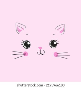 Sweet baby cat face. Big eyes cat vector. Pink background.