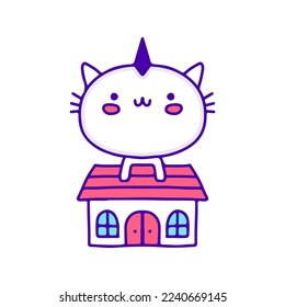 Sweet baby cat and house doodle art, illustration for t-shirt, sticker, or apparel merchandise. With modern pop and kawaii style.