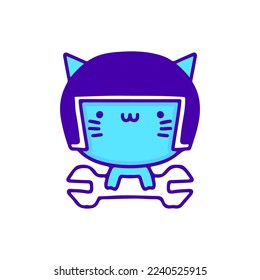 Sweet baby cat wearing helmet and holding wrench doodle art, illustration for t-shirt, sticker, or apparel merchandise. With modern pop and kawaii style.