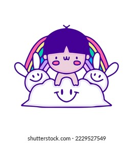 Sweet baby in cloud with bunny and rainbow doodle art, illustration for t-shirt, sticker, or apparel merchandise. With modern pop and kawaii style.