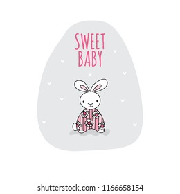 Sweet baby with cute rabbit vector illustration on a light grey background shape.