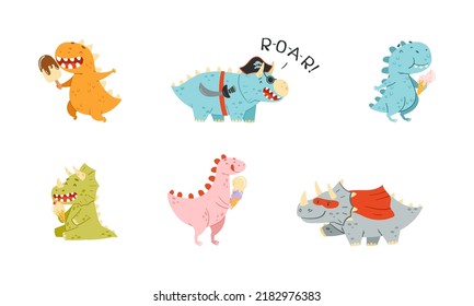 Sweet baby dinosaurs with ice cream set. Cute prints for nursery, t-shirt, kids apparel, party design cartoon vector illustration