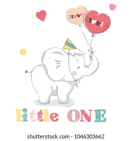 Sweet baby elephant . cartoon hand drawn vector illustration.  for baby t-shirt print, fashion print design, kids wear, baby shower celebration, greeting and invitation card.