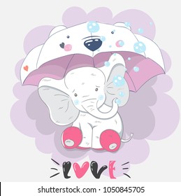 Sweet baby elephant . cartoon hand drawn vector illustration.  for baby t-shirt print, fashion print design, kids wear, baby shower celebration, greeting and invitation card.