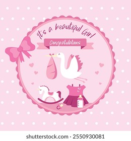 Sweet Baby Girl Background in Flat Style, Adorable baby girl-themed background illustration in flat design. Perfect for nursery decor, baby shower invitations, greeting cards, or children's products. 