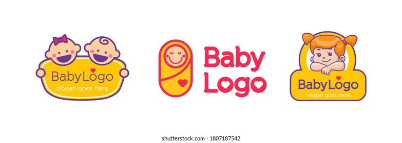 Sweet baby girl and boy logo Vector outline color cartoon style illustration with happy smile For Child care, toys and accessory shop emblem