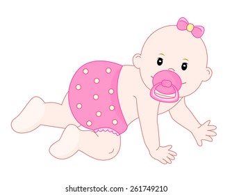 Sweet baby girl crawling, isolated on white background