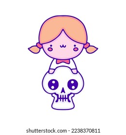 Sweet baby girl with cute skull doodle art, illustration for t-shirt, sticker, or apparel merchandise. With modern pop and kawaii style.