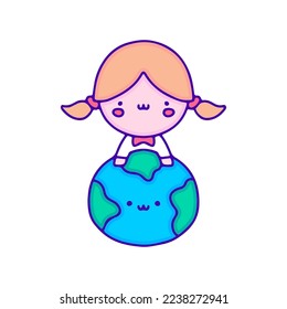 Sweet baby girl with earth planet doodle art, illustration for t-shirt, sticker, or apparel merchandise. With modern pop and kawaii style.
