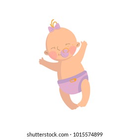 Sweet baby girl in pink diaper with pacifier cartoon vector Illustration