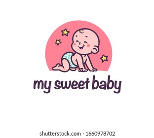 Sweet baby logotype with cute small baby boy silhouette crawling and  laughing isolated on white background. Baby shop emblem, baby care, happy motherhood sign, symbol. Vector flat illustration.
