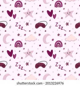 Sweet Baby Nursery Pastel Seamless Pattern With Moon, Stars, Cloud, Mask For Sleep. Cute Hand Drawn Vector Background Print. Good Night Sleepy Nap Light Backdrop, Texture, Print, Textile.