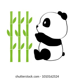 Sweet baby panda sitting between the bamboo. Flat design, vector.