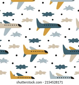 Sweet baby pattern with airplane transport. Jets fly in cloudy sky. Infant seamless fabric print in scandinavian style. Fun air travel for little tourist. Hand drawn picture. Children's illustration.
