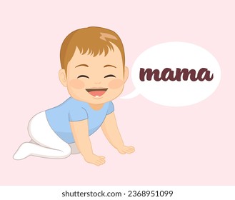 Sweet baby saying mama for the first time vector cartoon Illustration. Cute Happy infant feeling learning language