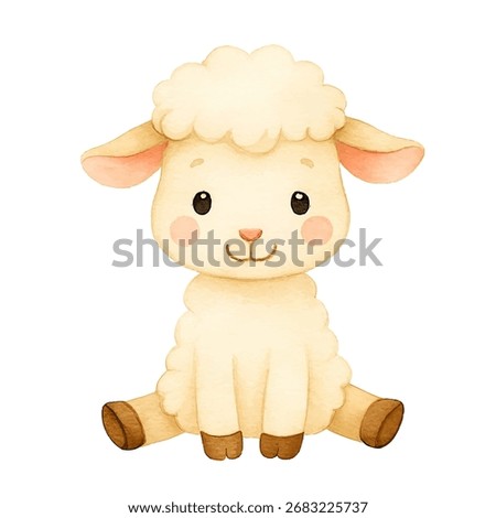 Sweet baby sheep cute vector illustration. Baby lamb sitting down with soft, fluffy wool, friendly smile and rosy cheeks. Cheerful farm animal.